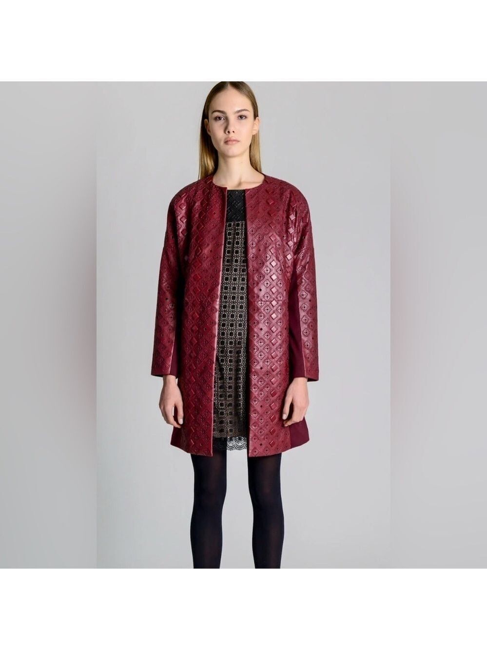 Catherinee Malandrino Lambskin Leather Thigh Length Coat Size 10 EUC